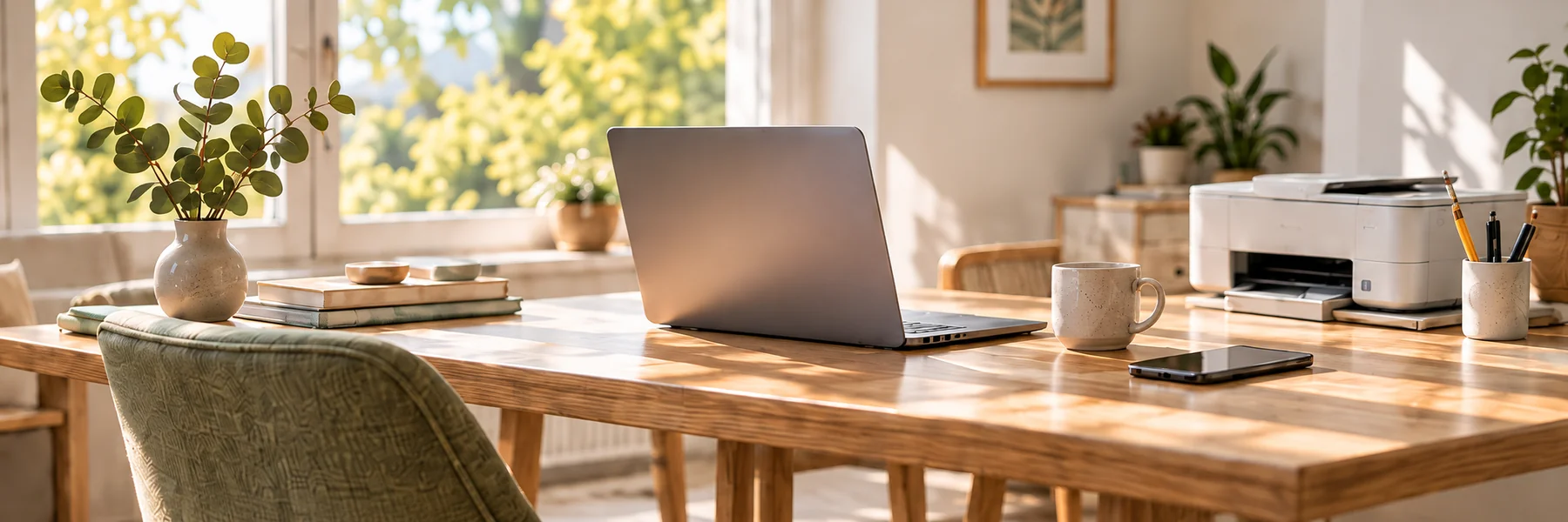 Laptop, Handy und Drucker auf einem Holztisch in einem hellen Wohnraum